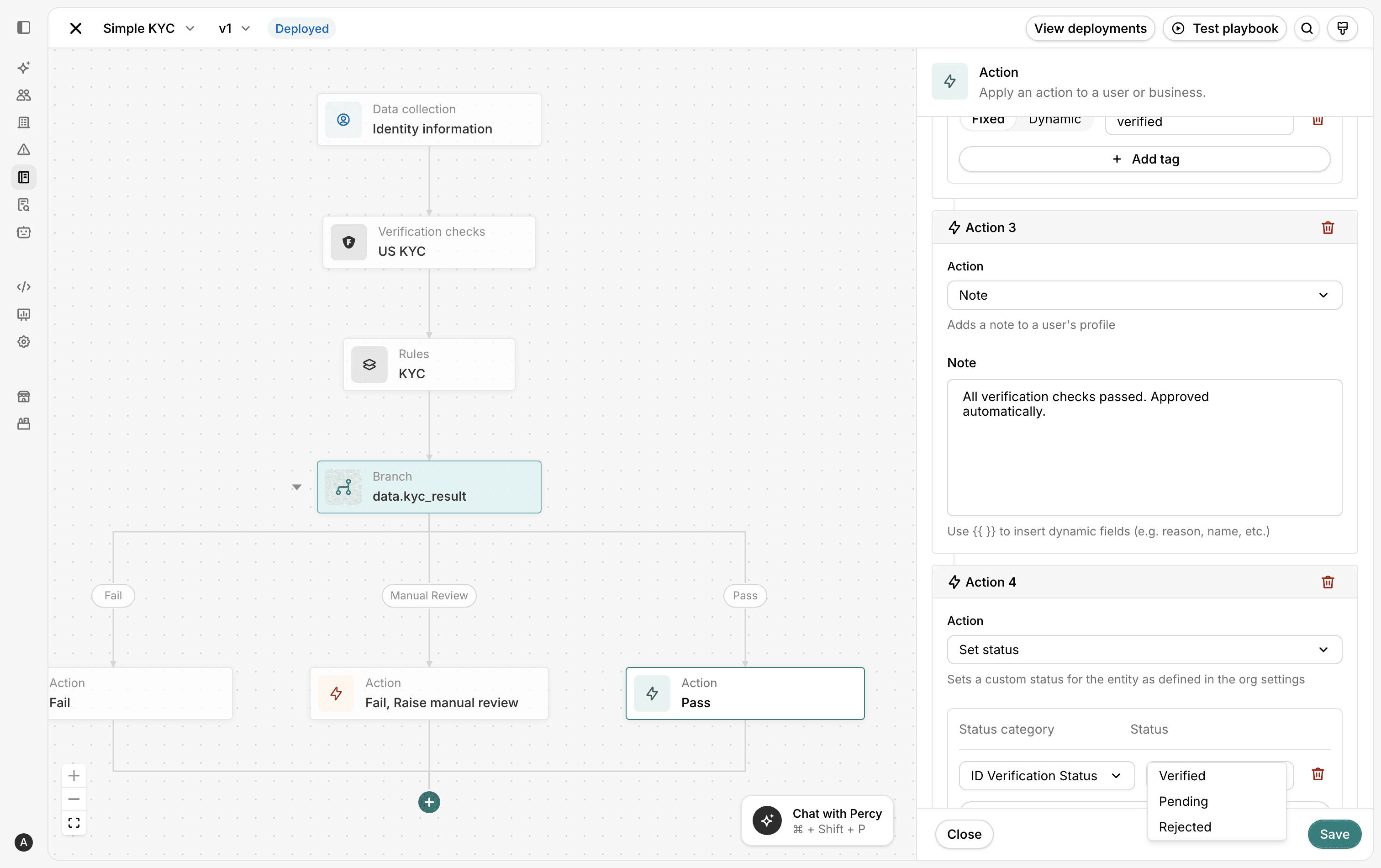 An Action node in the Playbook builder setting a custom status