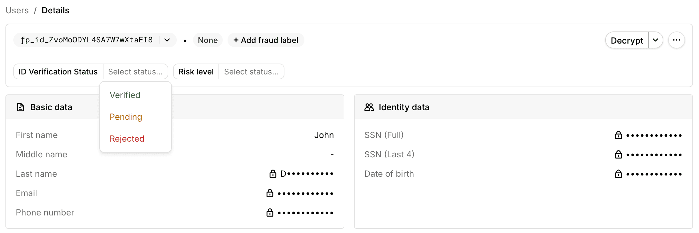 The custom status control on a user's details page