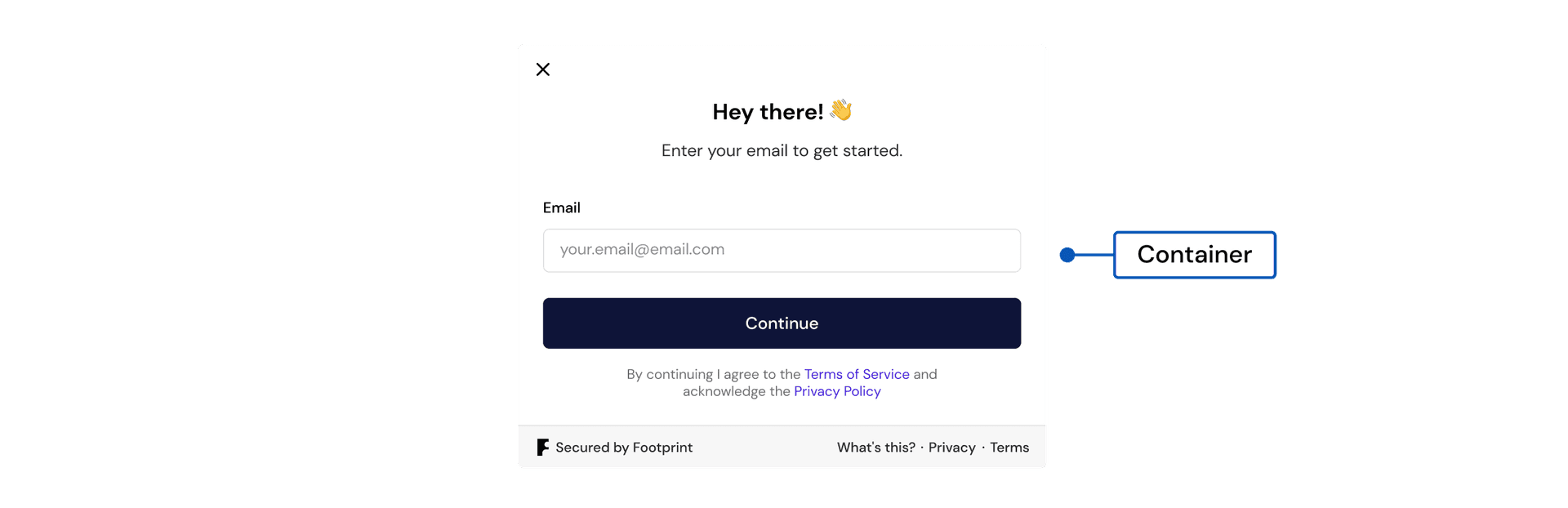 The email step of the flow, with the outer card labeled as the container