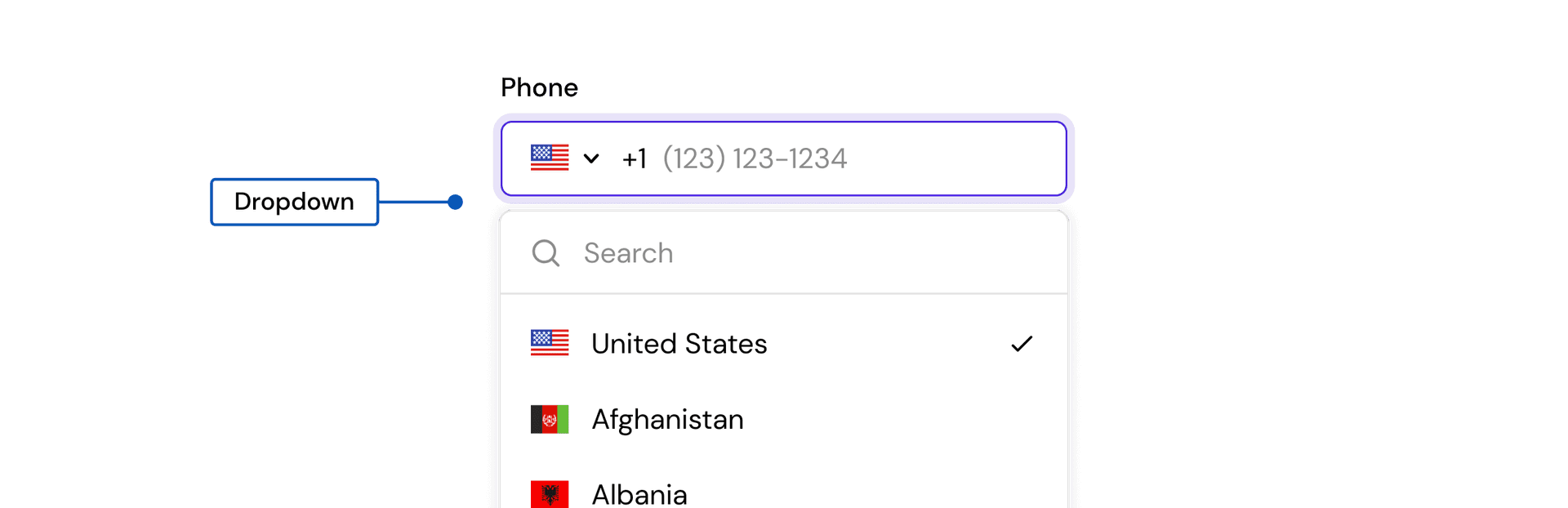 The phone input with its country dropdown open, showing a search box and a list of countries