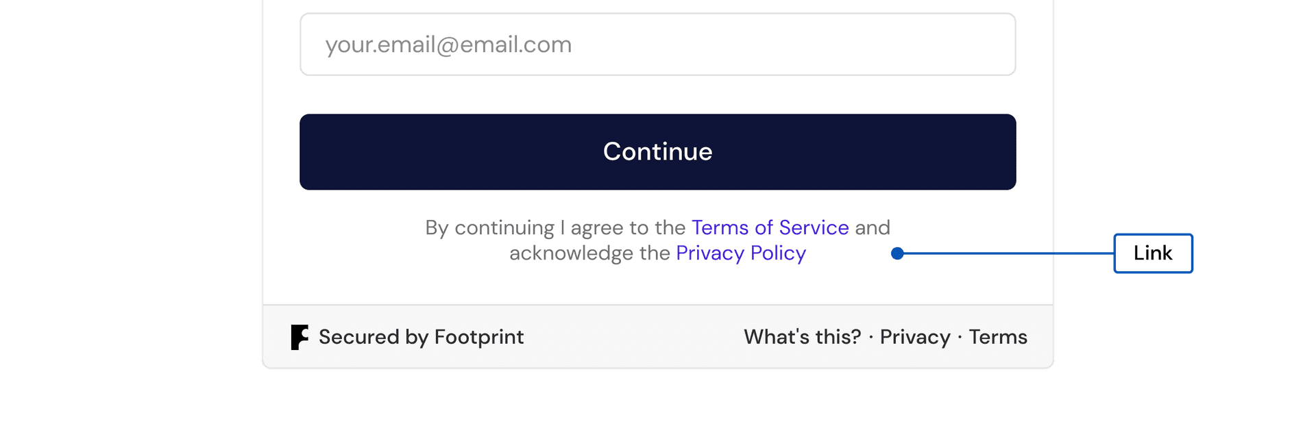 The consent text below the Continue button, with the Terms of Service and Privacy Policy links labeled