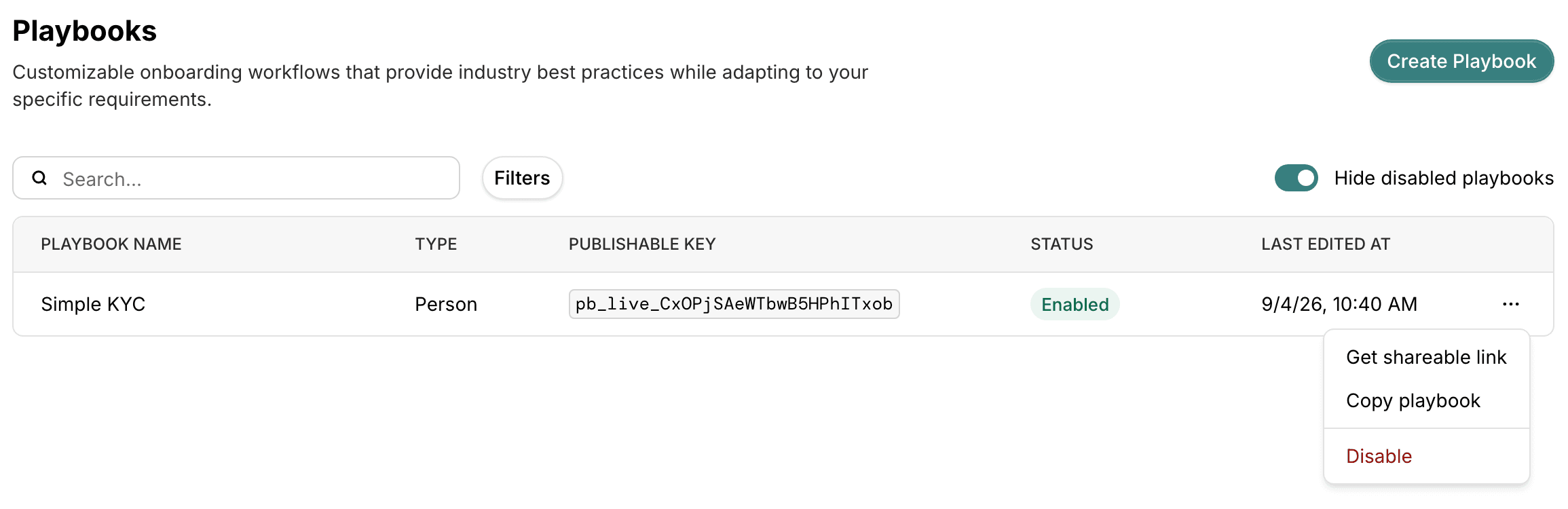 The playbook dropdown menu with the Get shareable link option