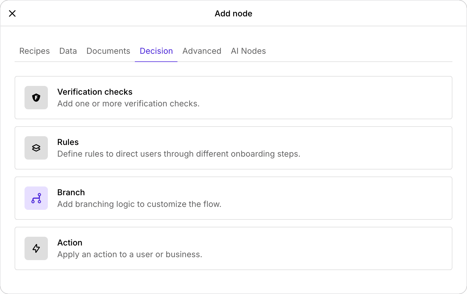 The Add node dialog, showing the Decision tab with Verification checks, Rules, Branch, and Action nodes