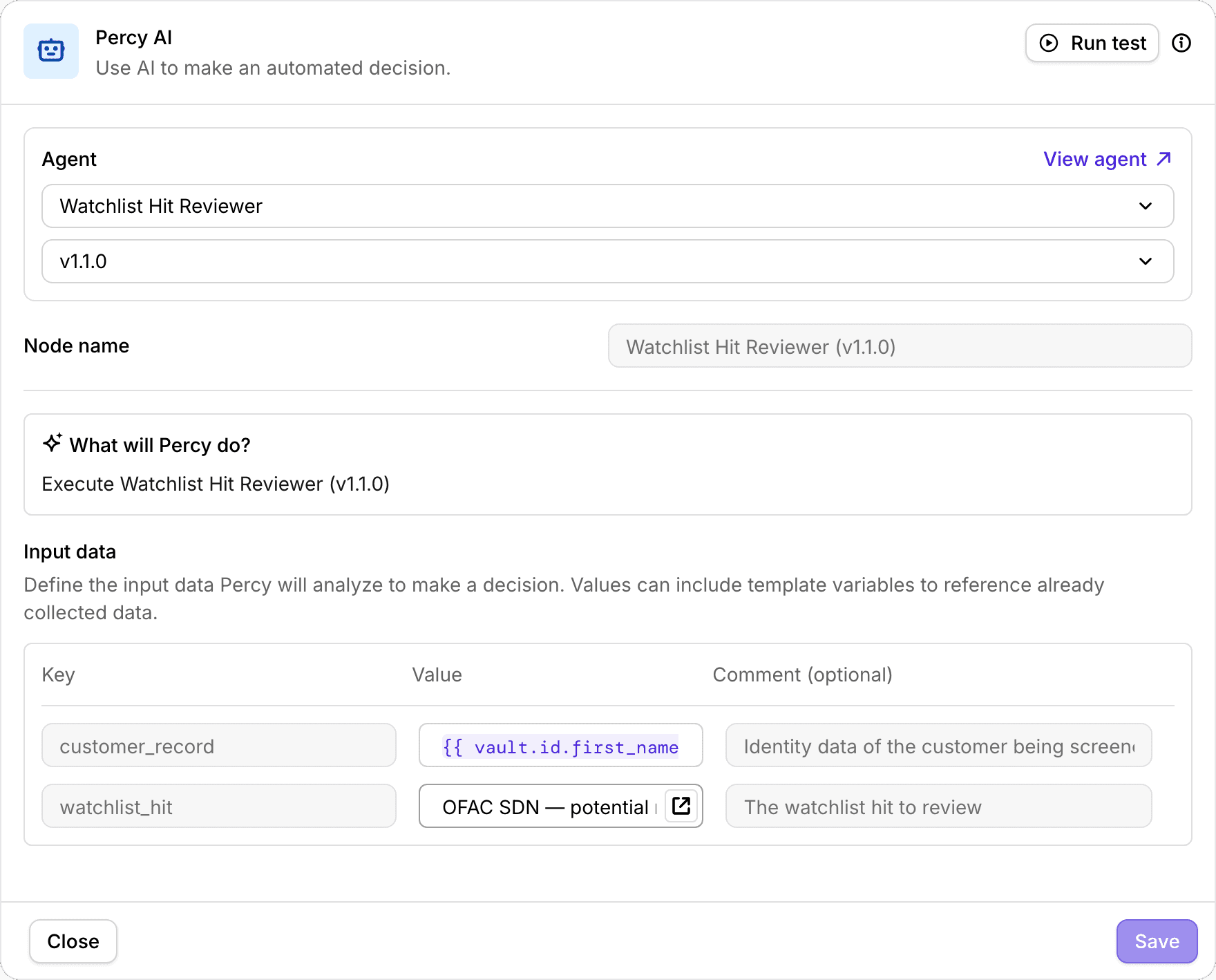 An AI Agent node bound to a released agent version, with input data fed by template variables