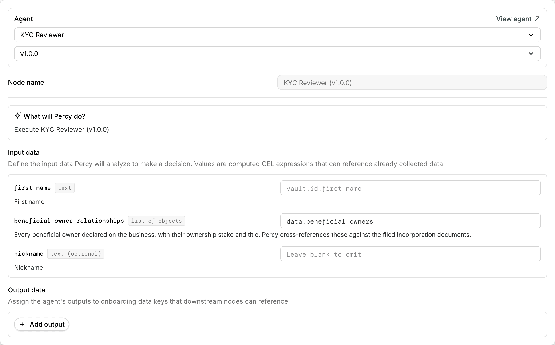 An AI Agent node bound to a released agent version, with input data fed by template variables
