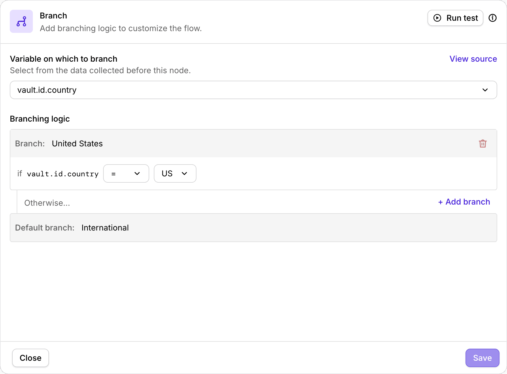 A Branch node matching on vault.id.country, with a United States case and an International default branch