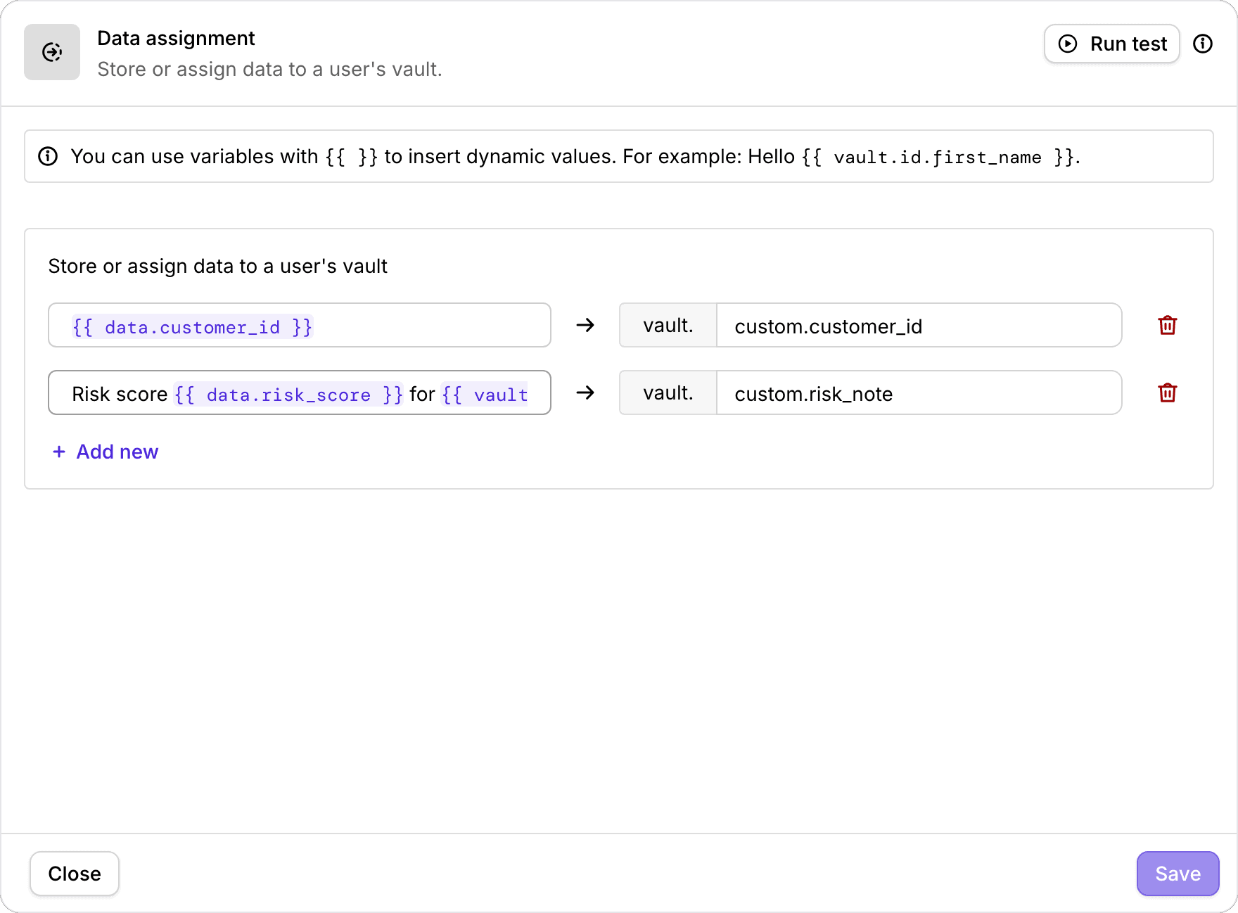 The Data assignment node, mapping templated source values to vault destination fields