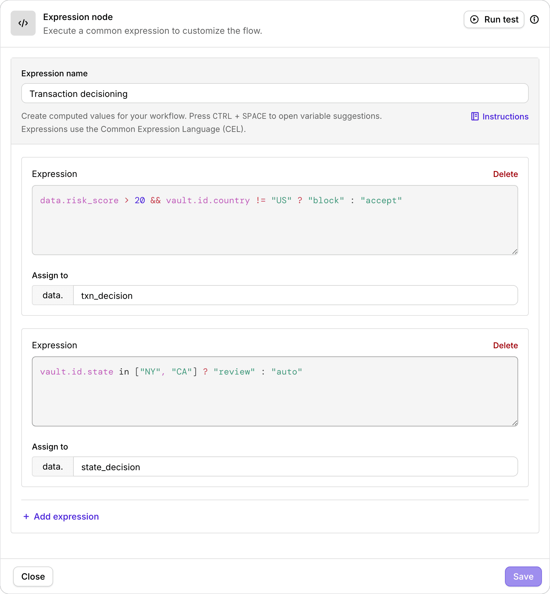 The Expression node, showing two CEL expressions each assigned to an onboarding data key