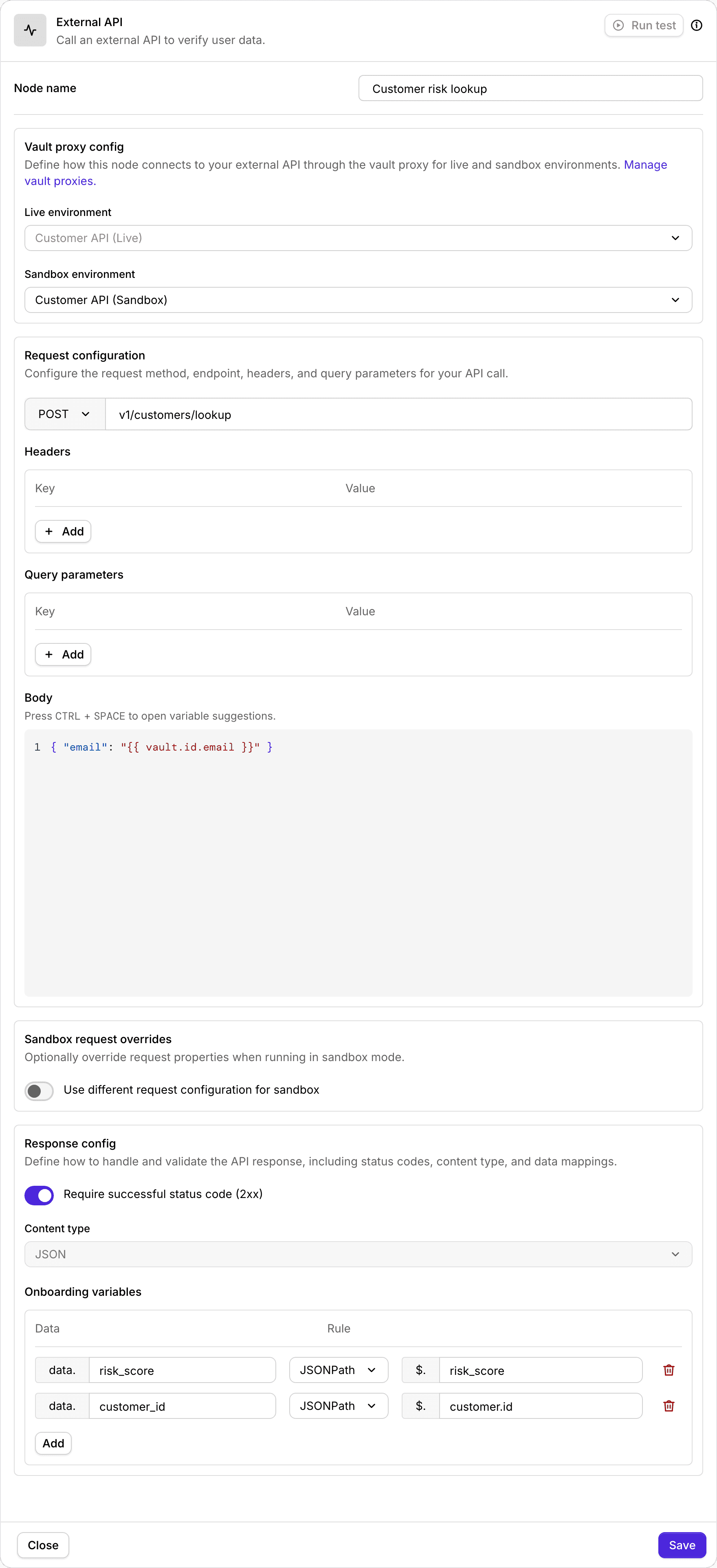 The External API node configuration, showing vault proxy config, request settings, body, and response variable mapping