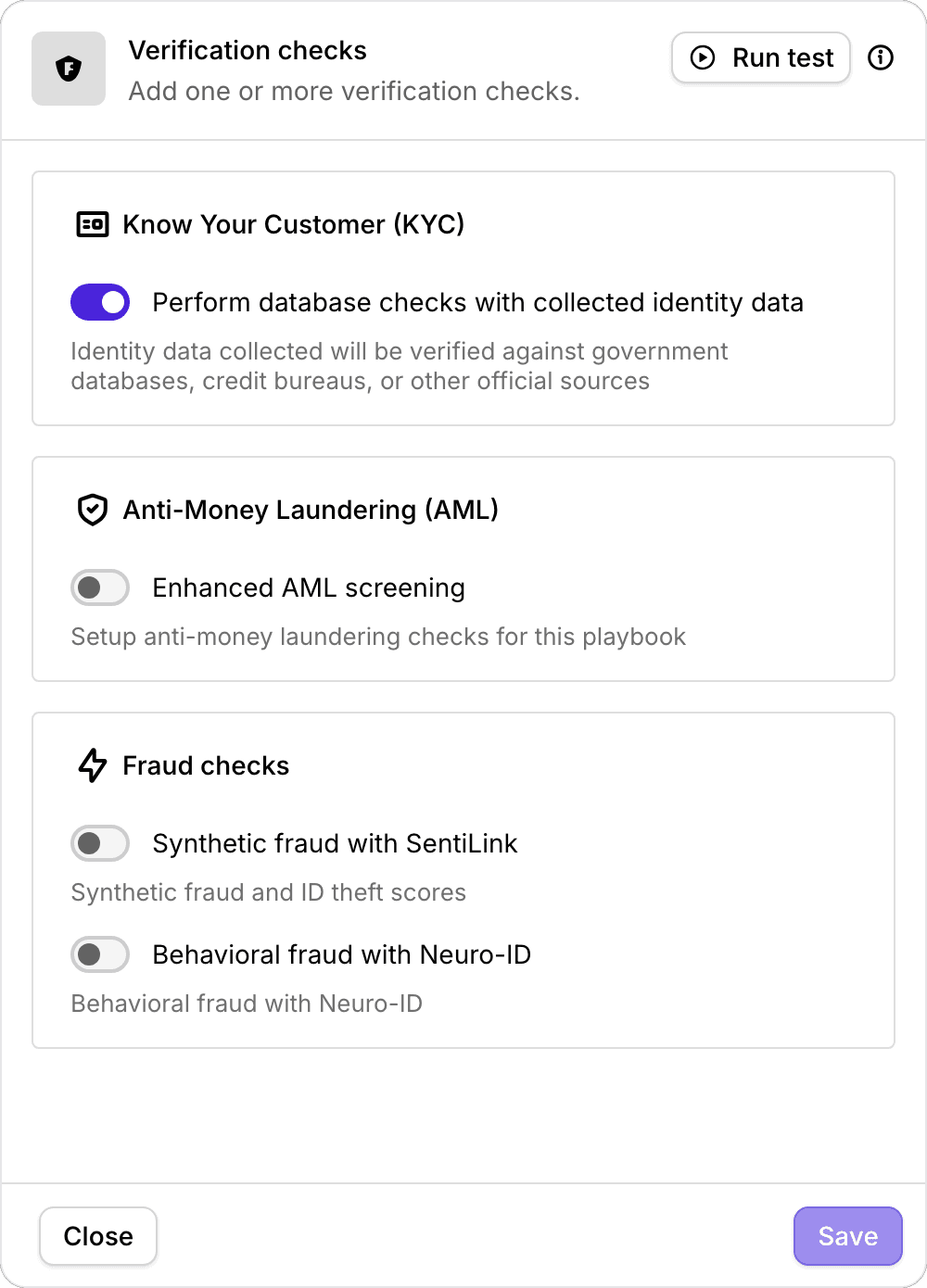 The Verification checks node, with toggles for KYC, AML, and Fraud checks