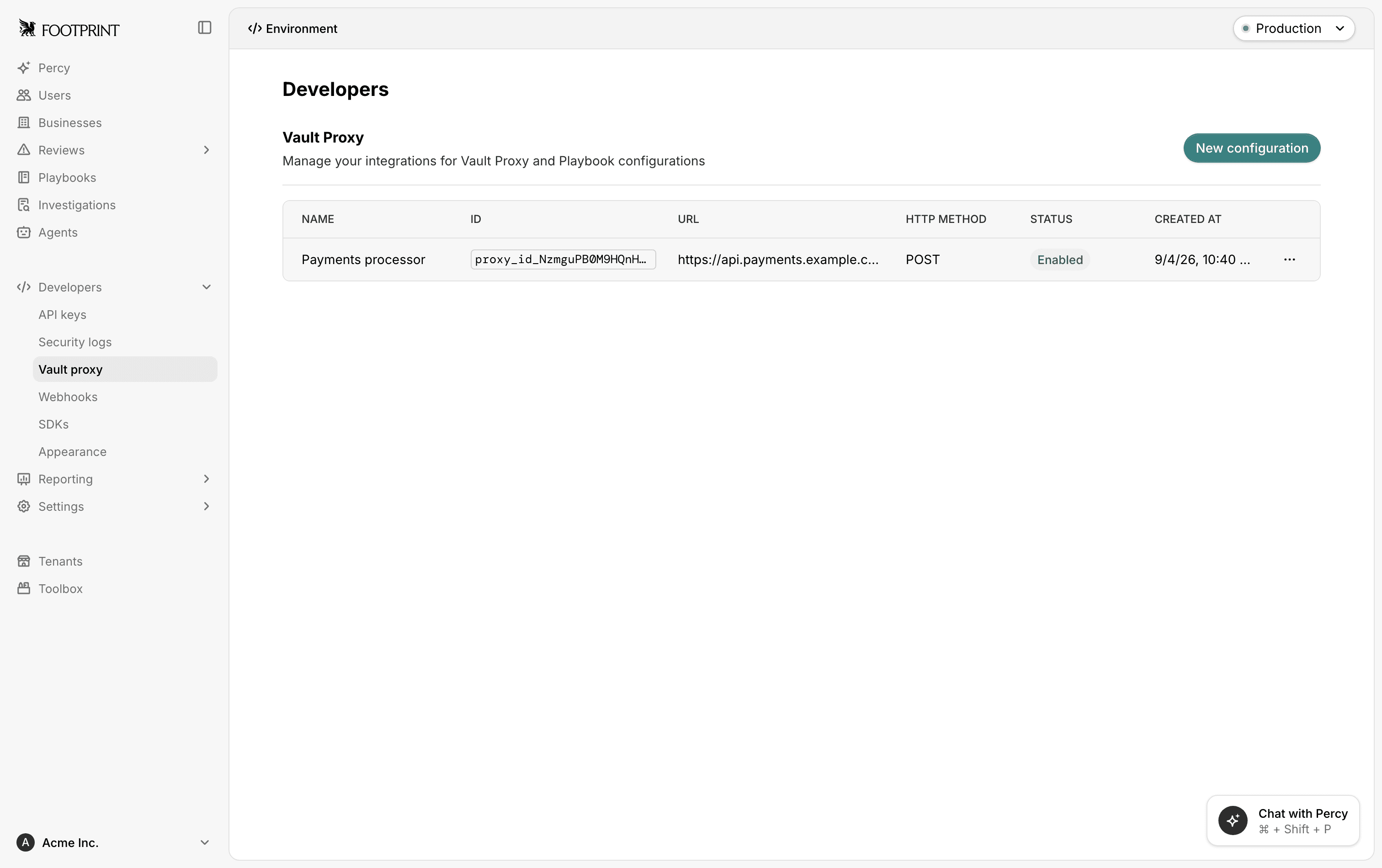 The Vault proxy configurations tab under Developers in the dashboard, with one configuration open showing its URL, HTTP method, access reason, custom headers, client certificates, pinned server certificates, and ingress vaulting